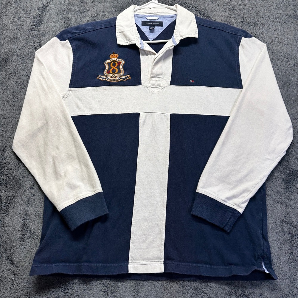 Tommy Hilfiger Rugby Shirt Mens XL Navy White Crest Block Long Sleeve Cotton